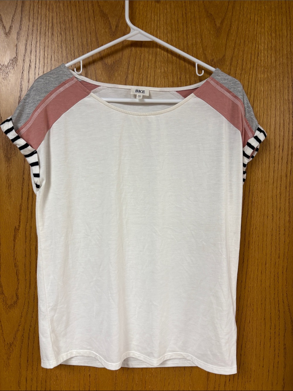 BKE White Tee with Pink and Gray Raglan Shoulders
